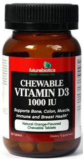 Futurebiotics Chewable Vitamin D3 1000 IU is a delicious, easy-to-chew tablet that is the perfect way to help replenish the body's vitamin D status. Furthermore, research as shown that vitamin D supports bone, colon, muscle, immune and breast health..